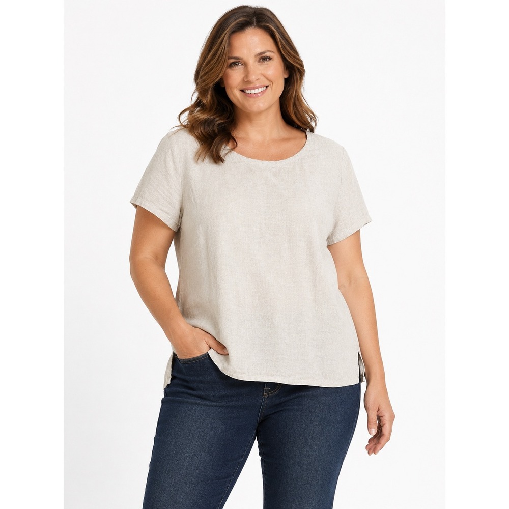 LL Bean Womens Beige 100% Linen Short Sleeve Scoop Neck Top Large 0VQ62